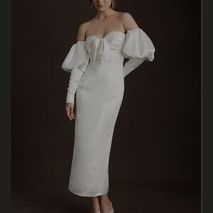 Ronny Kobo Amanda Off-Shoulder Puff-Sleeve Front-Slit Slim Midi Dress large